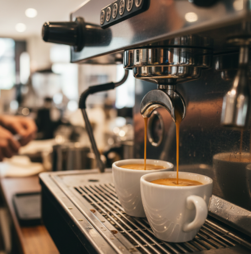 Gastro-Kaffeemaschine mit Dampf an der Theke