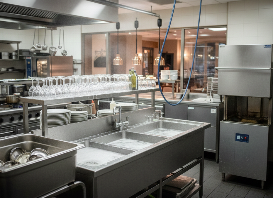 Gastronomie-Spültechnik mit glänzenden Gläsern