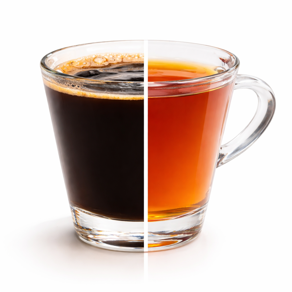 Glas Wasser neben Kaffee- und Teetasse