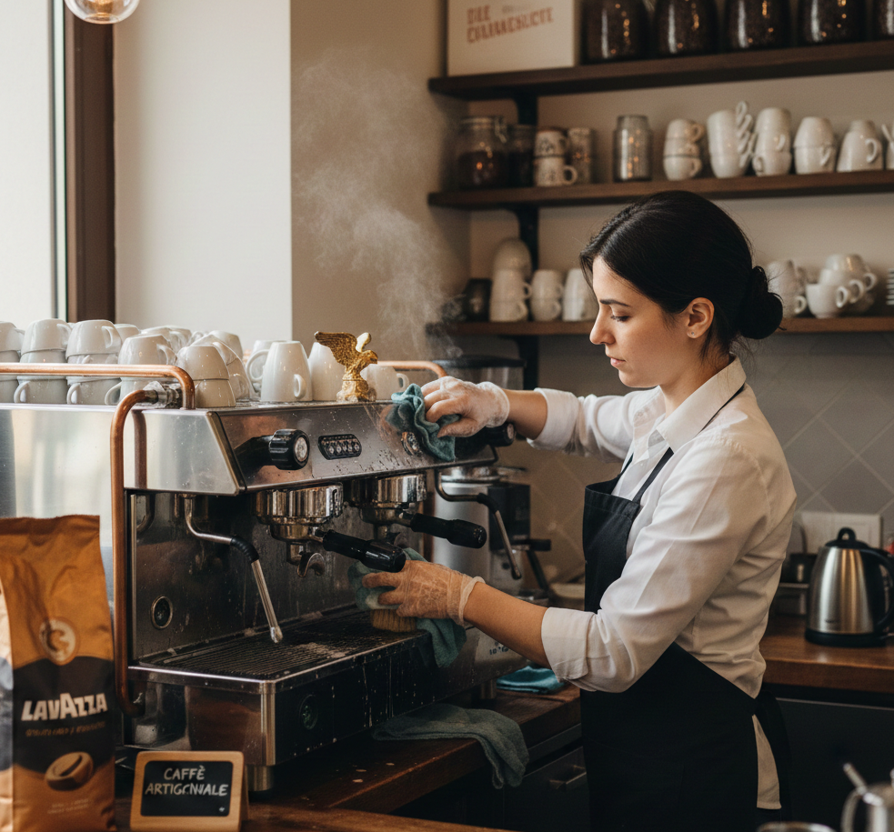 Barista bereitet Espresso an Siebträgermaschine zu